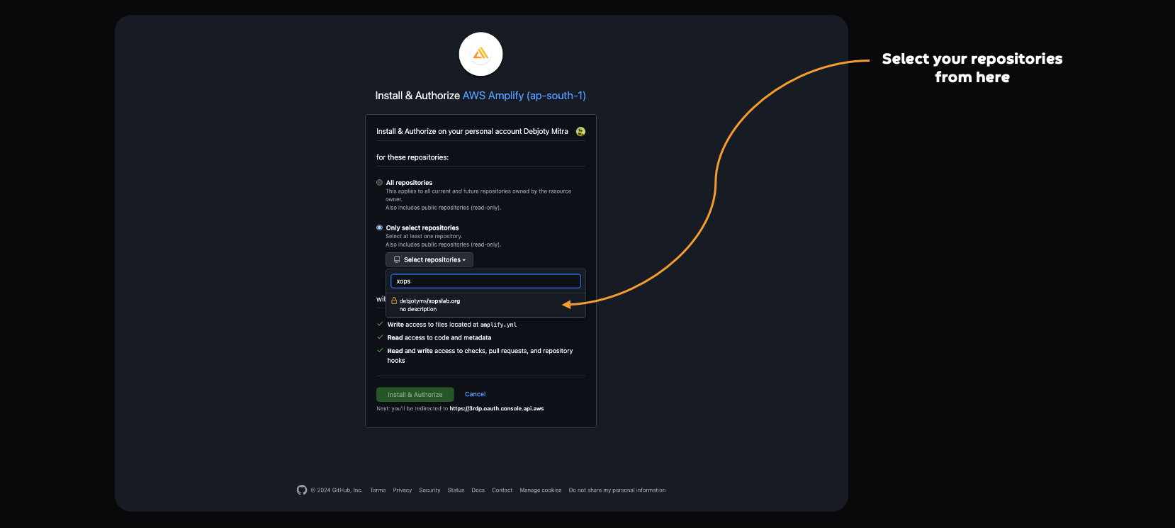 Screenshot: Step 4: Authorizing GitHub and Selecting a Private Repository