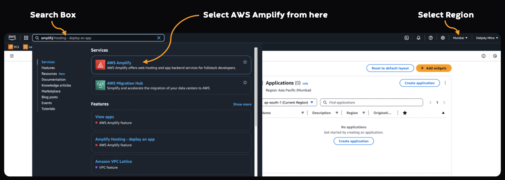 Screenshot: Step 1: Accessing the AWS Amplify Console