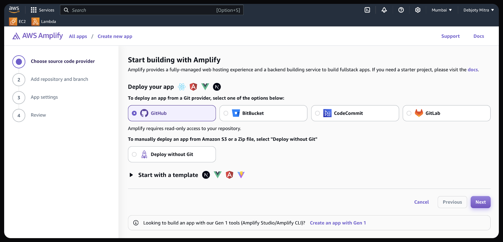 Screenshot: Step 3: Choosing a Source Code Provider