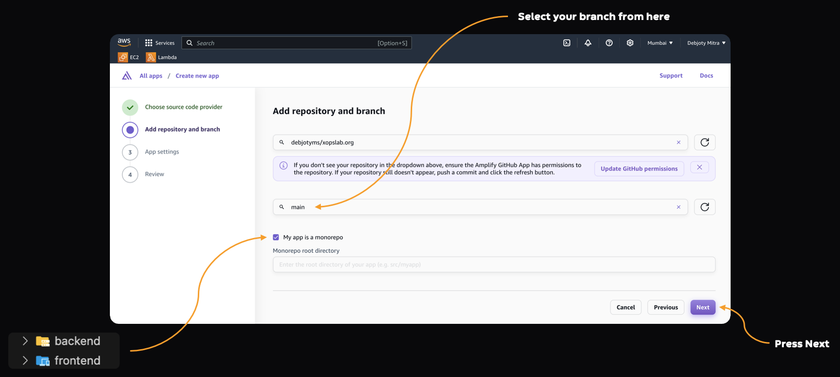 Screenshot: Step 5: Configuring the Repository and Branch