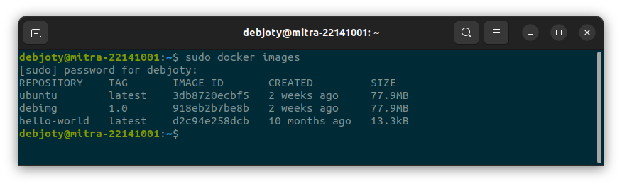 Screenshot: 4.1: Execute the command sudo docker images to see what images are available on your local machine: