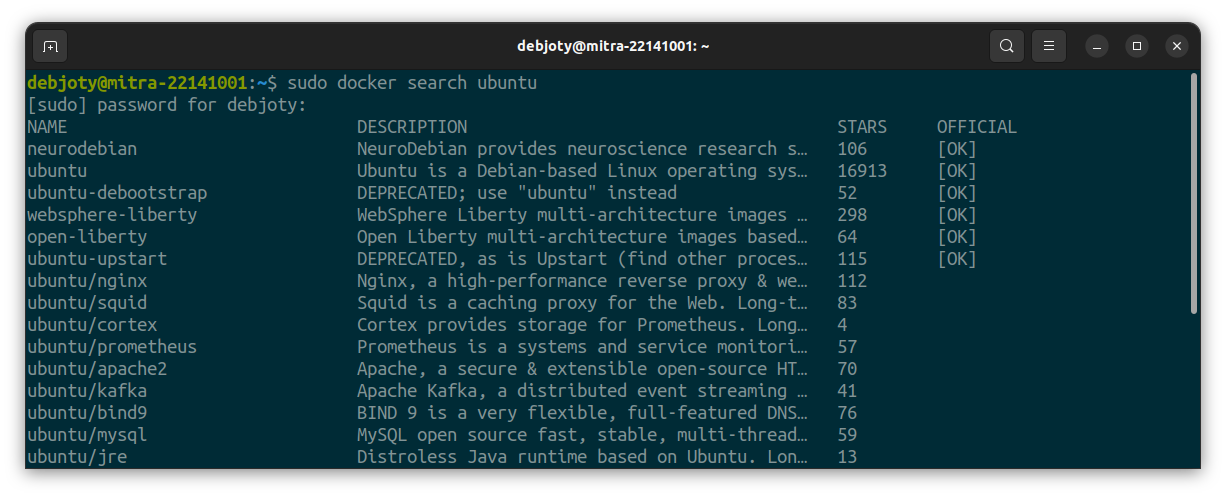 Screenshot: 2.1: Searching for Images (docker search):