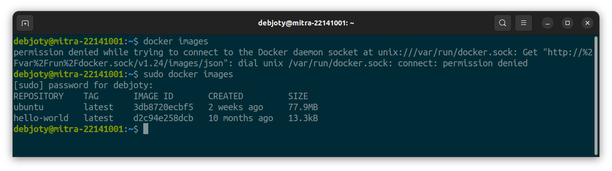 Screenshot: 2.3: Show Existing Images (docker images):