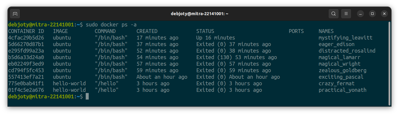 Screenshot: 2.5: List of all the Created Containers (docker ps -a)