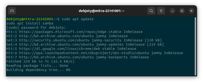Screenshot: 4.1:** Install Samba on Host OS: