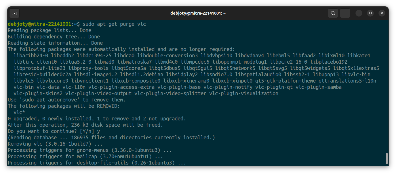 Screenshot: 5. sudo apt-get purge vlc
