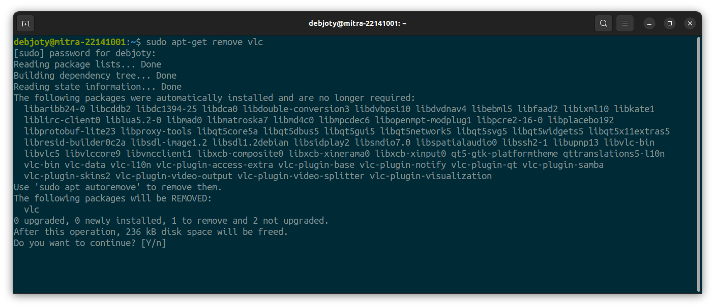 Screenshot: 4. sudo apt-get remove vlc